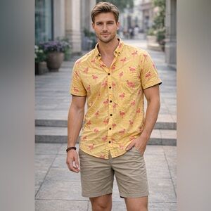 Yellow Flamingo Print Men's Hawaiian Short Sleeve Button Up Shirt Large Flex Fit
